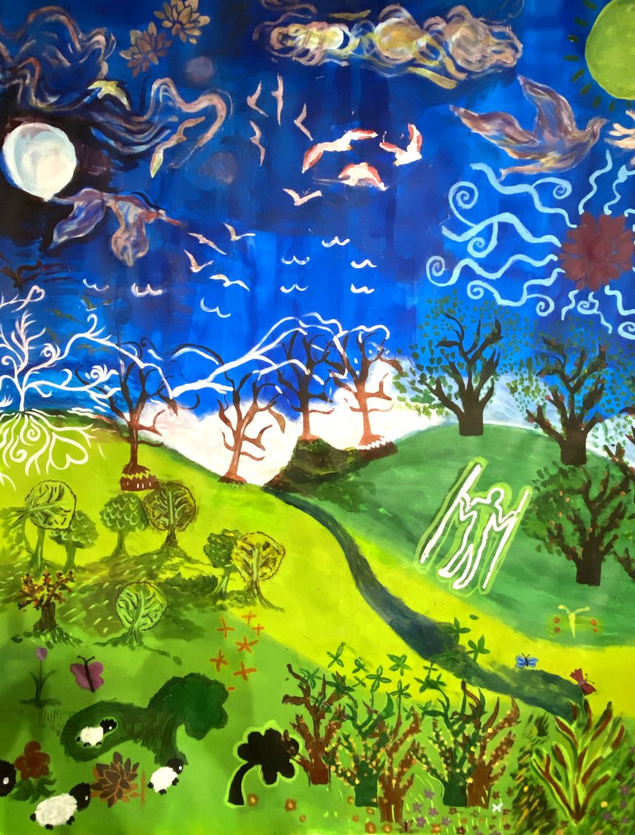 A vibrant landscape featuring rolling green hills, flocks of birds in a blue sky and a chalk figure on one of the hillsides.