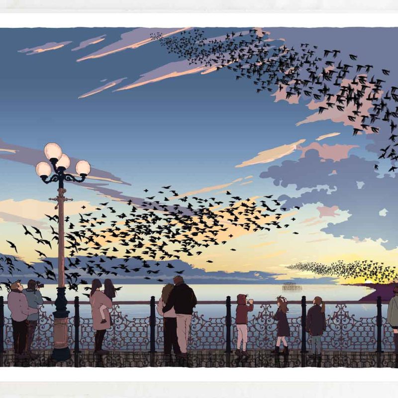 Print Description:  Capturing the breathtaking scenery of Brighton Seafront from the Palace Pier's deck, where a gathering of people anticipates the starling murmuration just before sunset.  Bird Enthusiast:  This print, unveiled on February 14, 2024, Valentine's Day, acquires the term 'love' in its title for a special reason. Love, in its diverse manifestations: an affection for nature, the starlings, the sea. Adoration for the captivating landscapes at sunset, such as the one in my residence on Brighton Seafront. Love between individuals, as this print joyously acknowledges. Love for family, partners, and friends, and self-love represented by the solitary figure, marveling at the world, feeling truly alive.  To illustrate these starlings, I meticulously observed their behaviors and forms. Throughout the year, I frequented the Palace Pier just before sunset, studying these delightful birds as they created mesmerizing murmurations. Titled 'Starlings in Motion,' my study sketches portray the varied shapes they assume while gliding, ascending, turning, approaching directly, hovering over the waves, or passing high in the sky.  The individuals depicted in my print were fellow spectators of the starlings, included to enhance the overall experience of witnessing these captivating displays on many winter evenings alongside fellow bird enthusiasts. The artwork also conveys the vital message of living in harmony with the surrounding nature and our collective responsibility to care for it.