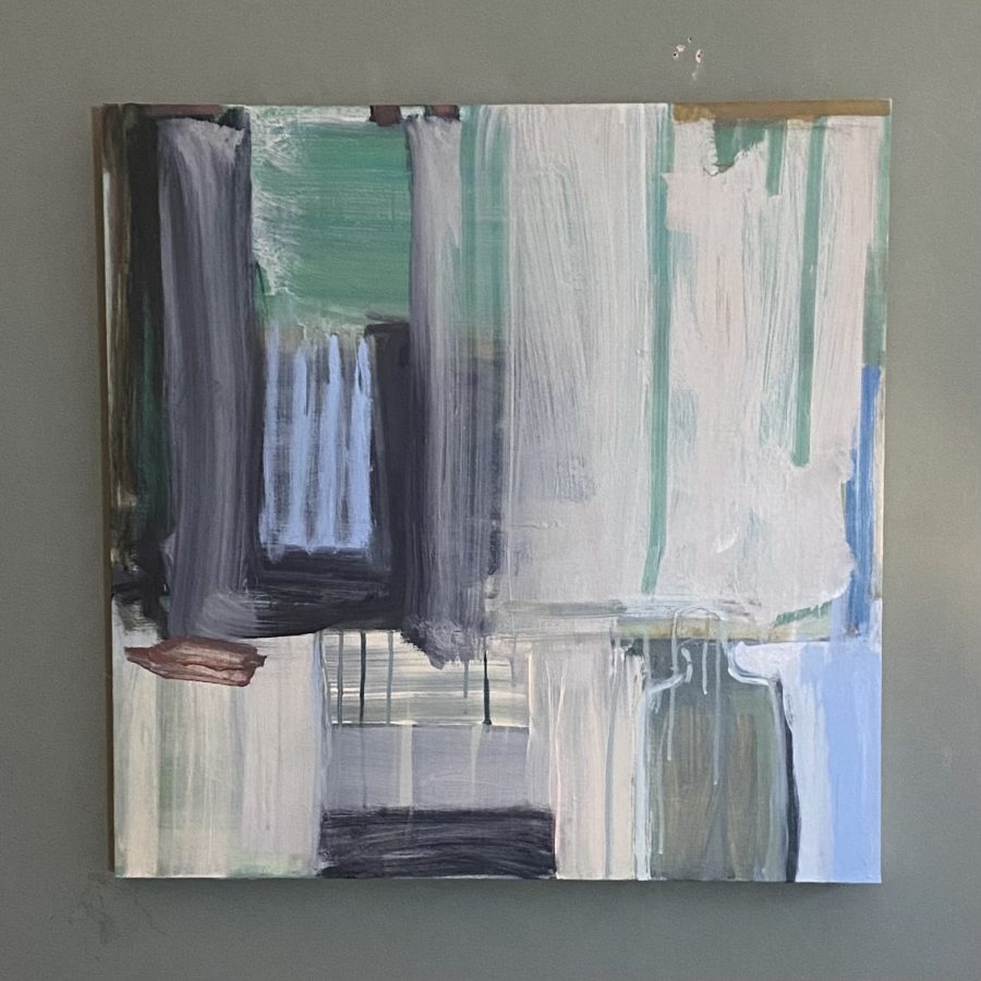 An abstract painting on a square canvas, it has a palette of soft creamy  greys, sky blues and pistachio greens, and one silhouetted figure appears at the top right of the image