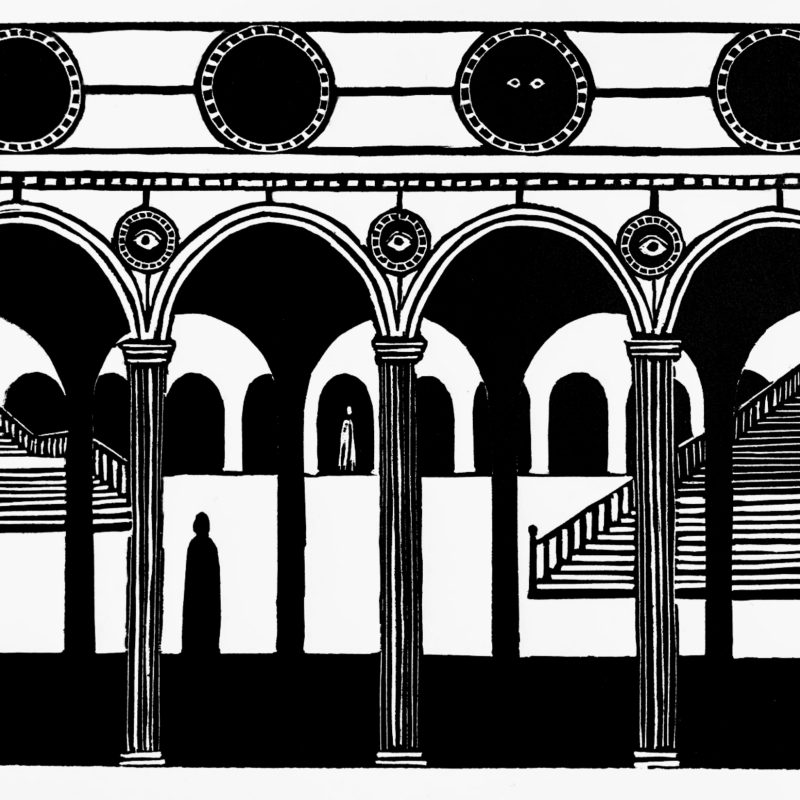 A black and white linocut print depicting the interior of a building with arches and two figures 