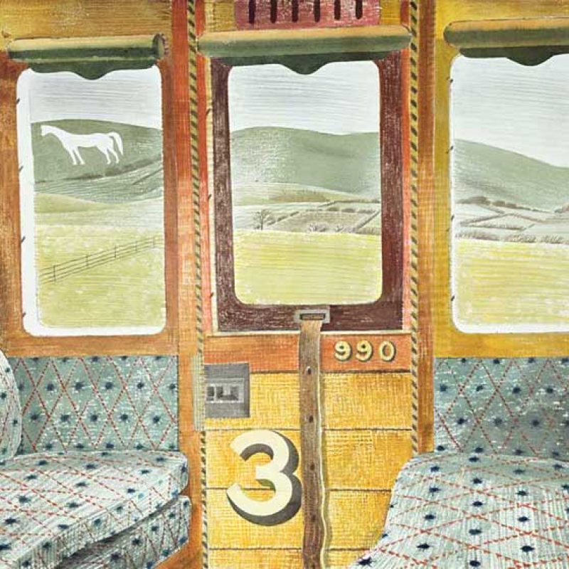Here we view the chalk figure from within the train carriage, in Westbury Horse we view the train from the chalk figure. This is one amongst a series of paintings done on the chalk figures of the Downs.