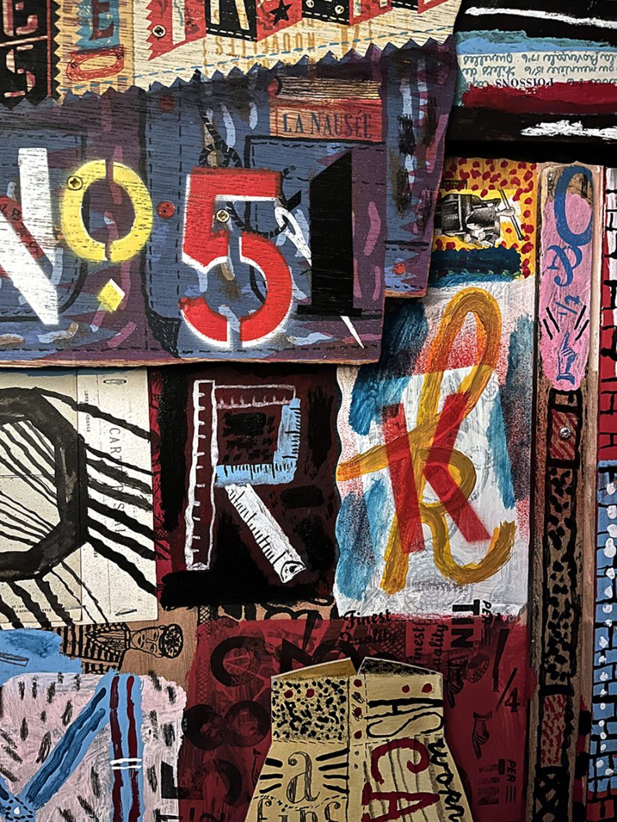 A rich collage of screen print, paint and drawing on a plywood panel. There are figurative elements juxtaposed with drawn lettering and stencil numbers.