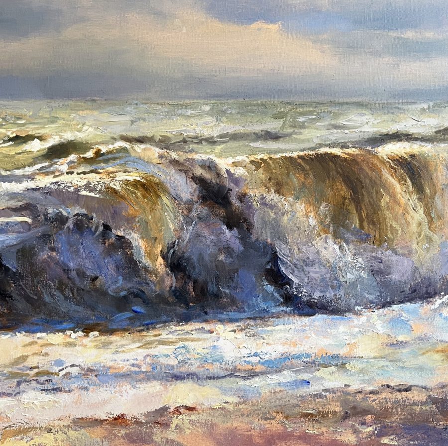 Oil painting of a breaking wave on Brighton beach