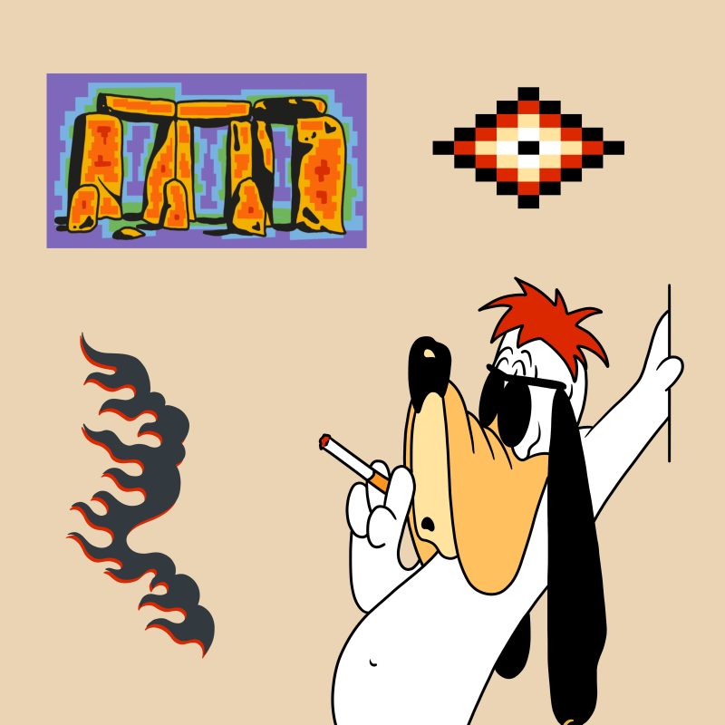 Six illustrations featuring a colourful heat map of Stonehenge, the cartoon character Snoopy smoking a cigarette, stylised flames, a geometric Aztec inspired pattern in black, red, beige and white, a stylised scorpion and a sun icon composed on a tan coloured background.