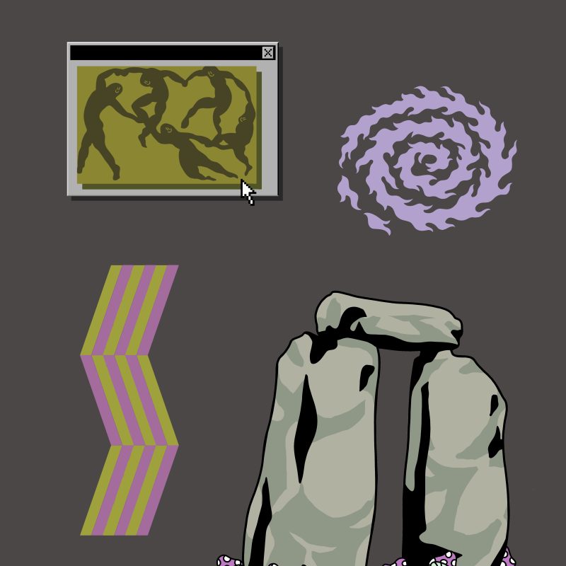 Six illustrations featuring a stylised interpretation of Matisses' 'Dancers' within an 80's Windows UI, a stylized flame spiral, a geometric zig zag pattern in purple and green, a stylised illustration of Stonehenge with trippy cartoon mushrooms around the base, a cartoon hand holding a droopy flower and a spiral icon, composed on a grey background.