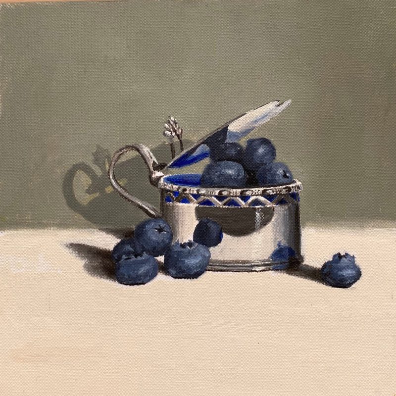 Small oil painting of silver pot with blueberries 