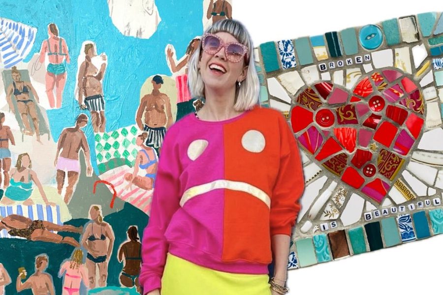 A collection of three images, combined can consisting of painting of swimmers, a photograph of a woman wearing a bright appliqué sweater and a mosaic heart made from recycled crockery 