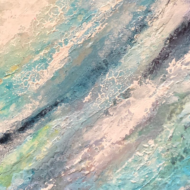 Gently swaying frothy seashore, rolling bubbly saltwater, lapping splashes, muted turquoise blues, shimmers of pink, hints of lime and foamy white,