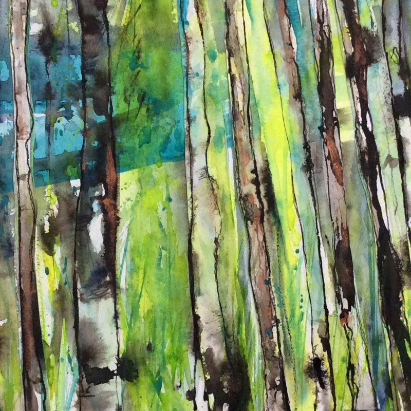 Abstract watercolour and ink in green, brown and blue tones