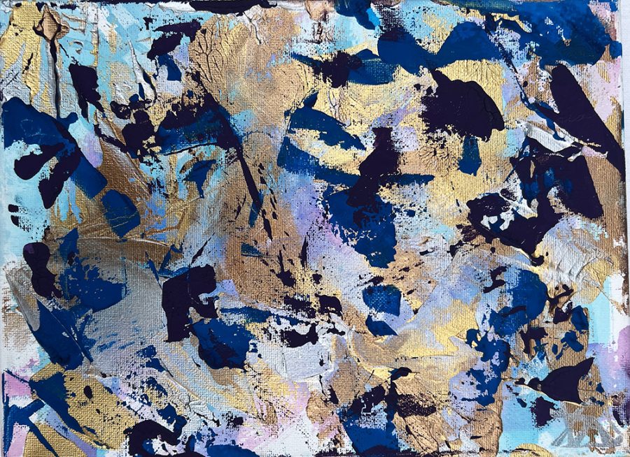 The painting is abstract and is painted on a canvas. The marks are loose and cover the whole page; they move across the canvas in a lyrical and energetic style. The predominant colours are a range of blues, mauves, and golds. The texture of the gold paint is thicker in some areas. 