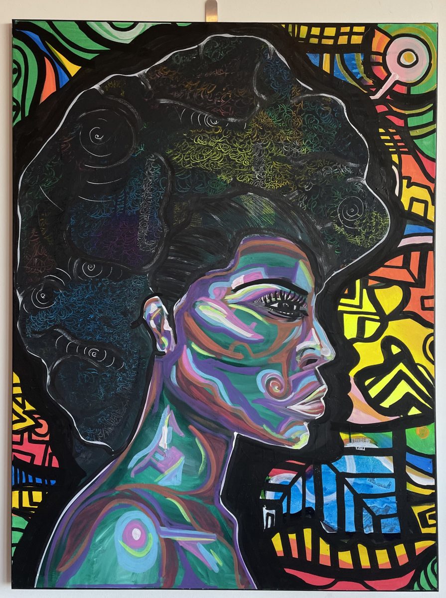This image is a painting is a side profile of a woman with an afro hairstyle. Her face, neck and shoulders are painted in pastel colours in shades of blue and purple. The background is a mosaic of colourful, abstract shapes and patterns, with a mix of bright, bold colours, a combination of red, yellow, blue and green all in different shades. The background has thick and thin black lines to create various geometric shapes from the colours. The overall effect is one of vibrant, dynamic energy.