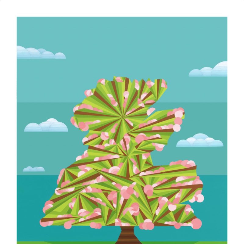 Geometric rendition of a tree with blossom representing spring with blue sky in an empty meadow