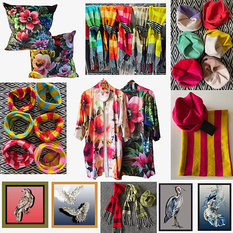 Vibrant, strong floral hand drawn/painted artwork on scarves, cushions, kimonos etc. Dynamic, bold coloured striped scarves and snoods with black and white stripped panels, made with lambswool.