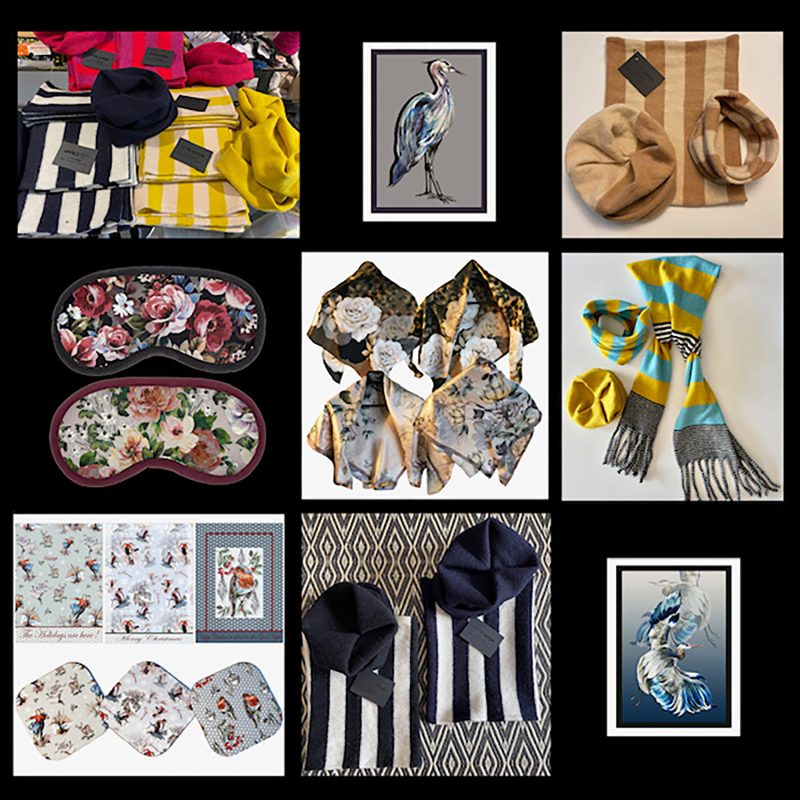 Vibrant, strong floral hand drawn/painted artwork on scarves, cushions, kimonos etc. Dynamic, bold coloured striped scarves and snoods with black and white stripped panels, made with lambswool.