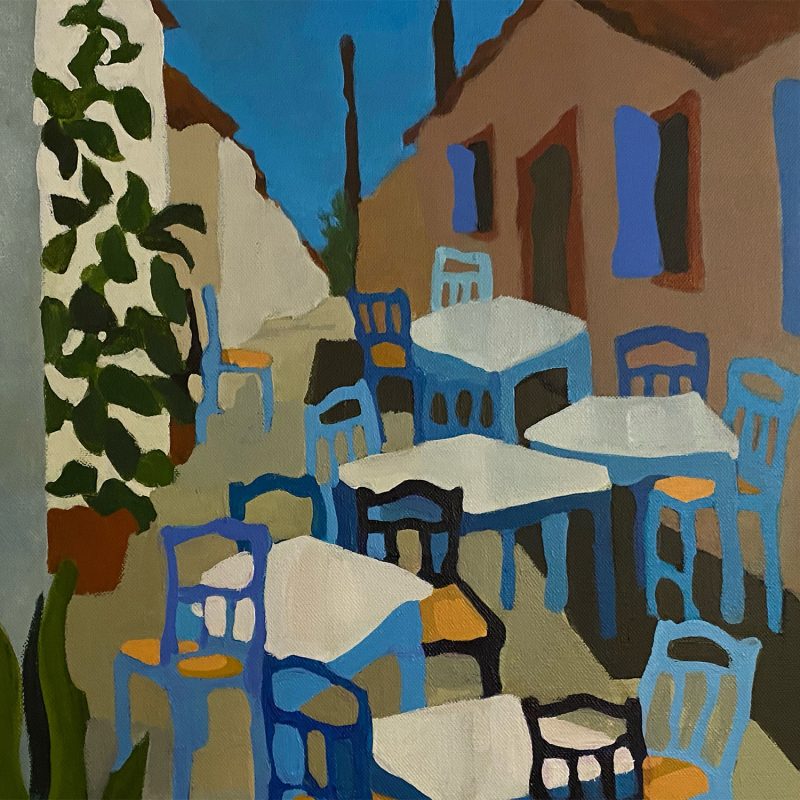 This painting conjures up the blues of Greece found on the typical wooden chairs, tables and window shutters. The sky always seems bluer too.  This scene is of a small al fresco dining area of a favourite Greek taverna in Lesbos.
