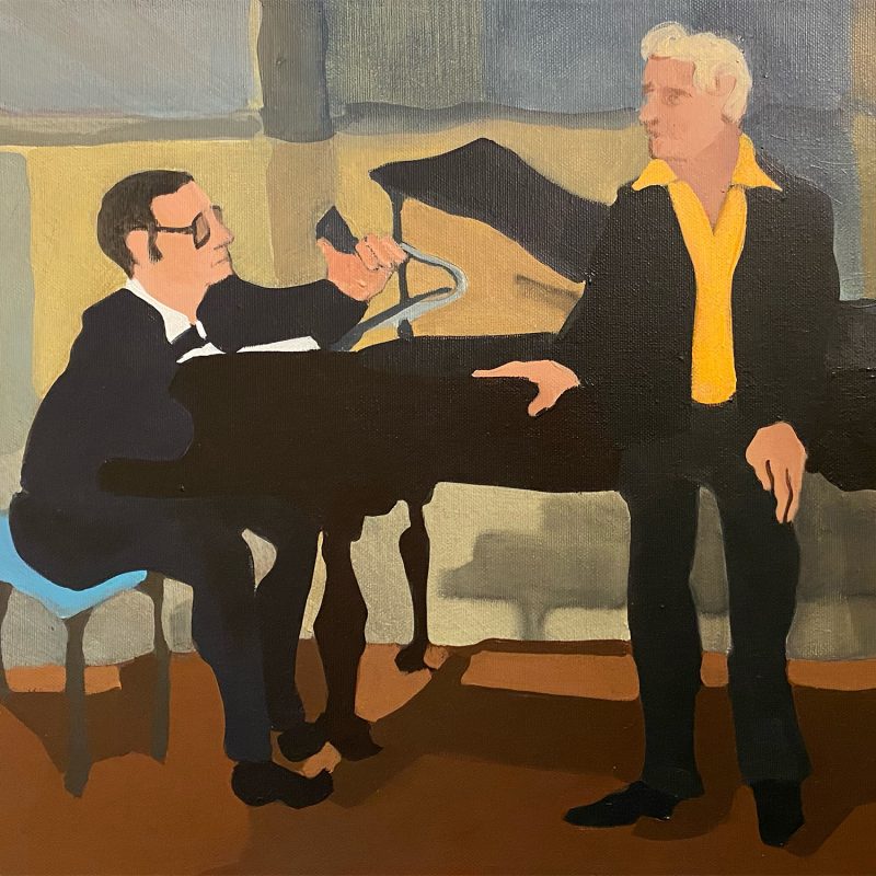 This painting is of two men and a grand piano, the pianist is checking with the singer about getting started, the singer is in a dashing orange open neck shirt, the men and piano are black otherwise. It’s a simple composition and a splash of humour.