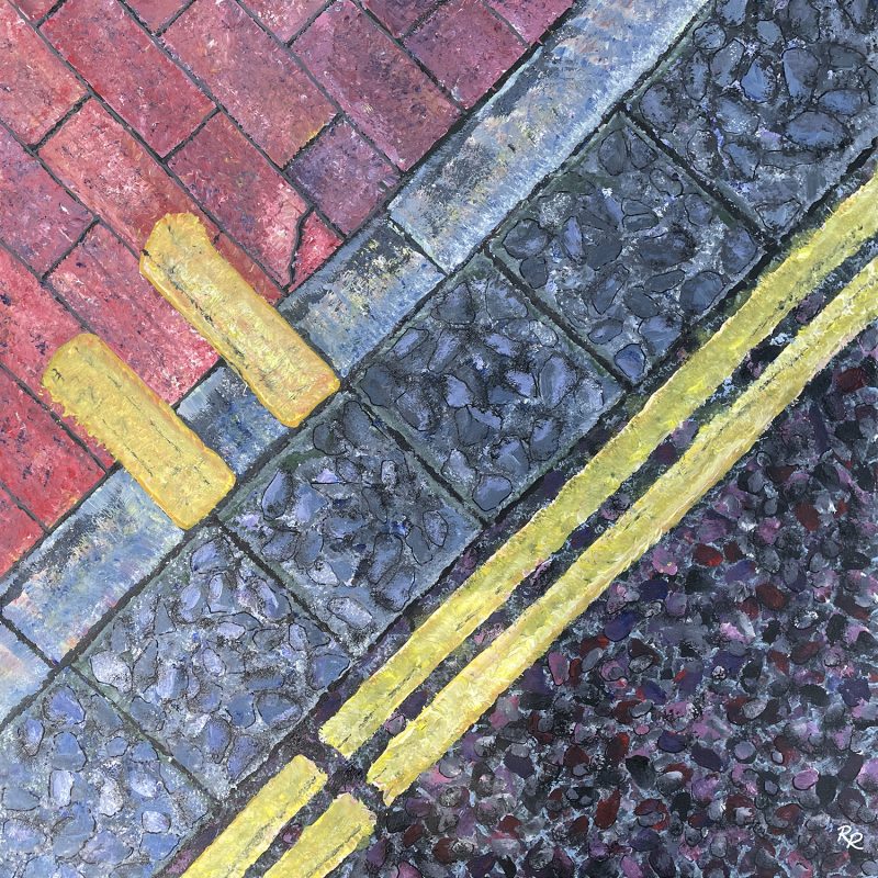 This painting is a close up geometric view of different coloured paving, kerb stone, road and yellow line textures. A point of view from someone looking down at the paving.
