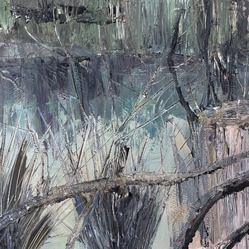 This painting is a panoramic view of the dew pond at Waterhall, with detail of tree stumps, branches and grasses in greens, browns and purples 