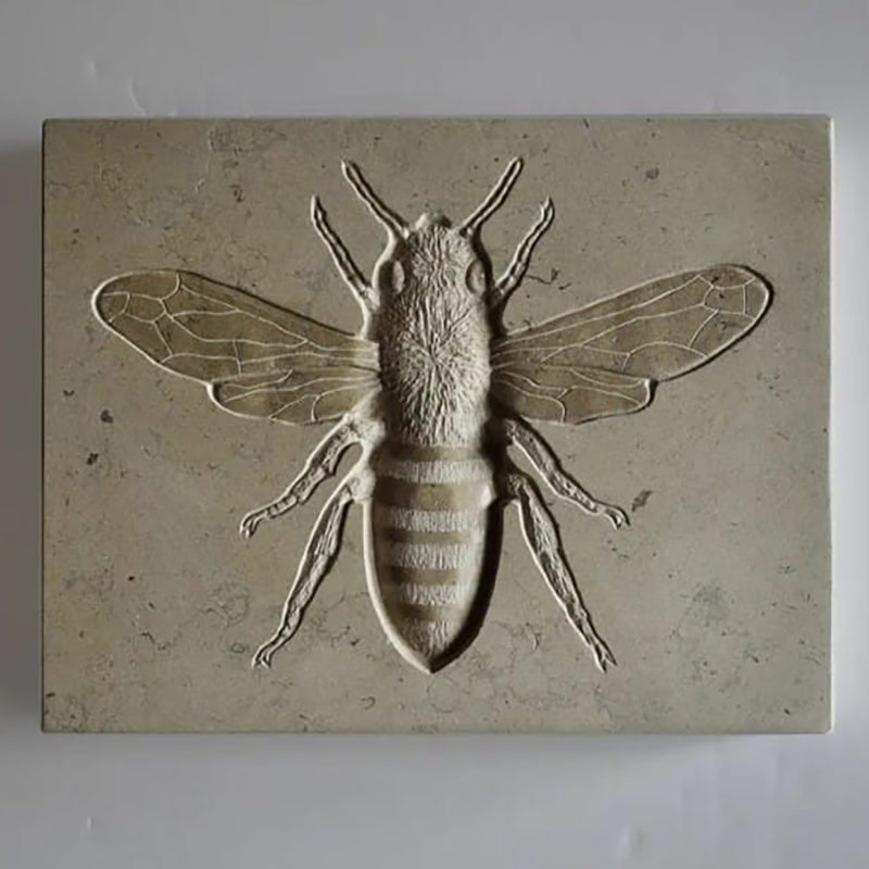 An anatomical study of a worker bee relief carved into French limestone.