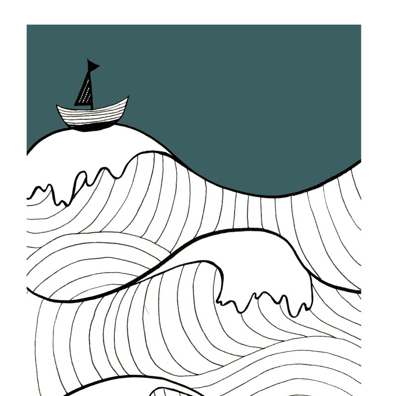 Pen illustration of sea waves with sailing boat
