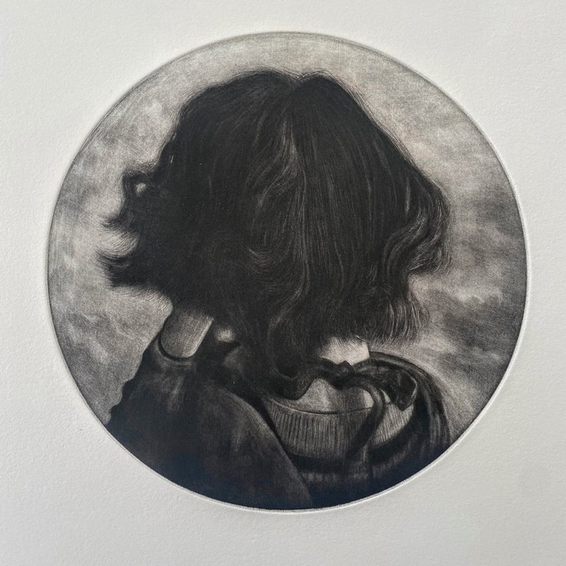 Monochrome etching of a girls head from behind