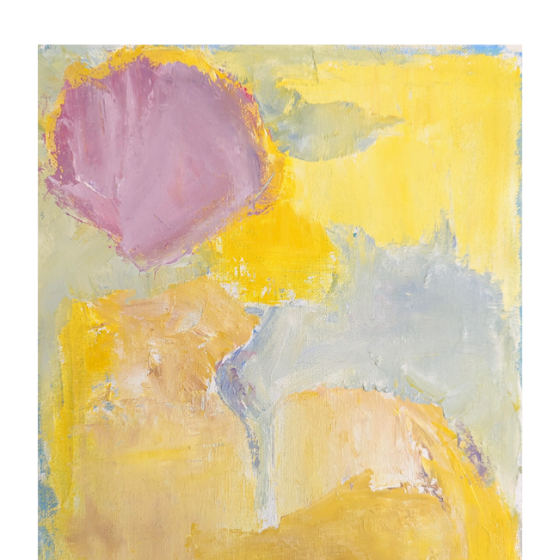 Bright coloured abstract painting with yellow, pale greys and dusty pink in the left top corner.