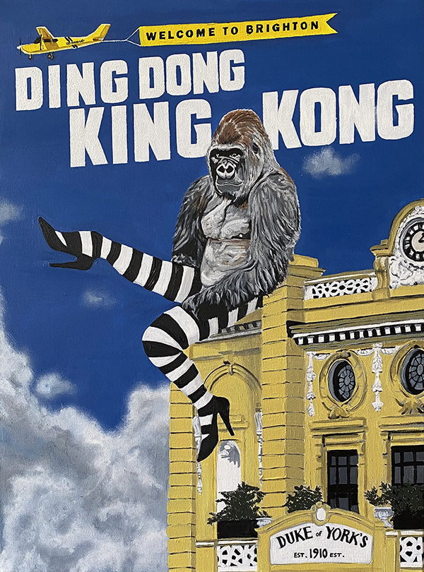 King Kong with striped tight and stiletto shoes