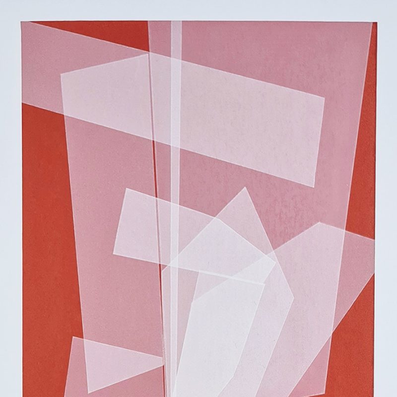 A series of overlayed transparent geometric forms on a deep red background.