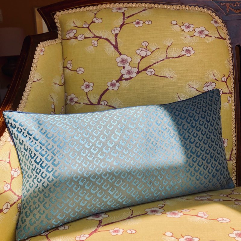 Crepe silk satin slate blue cushion in Yukata design.