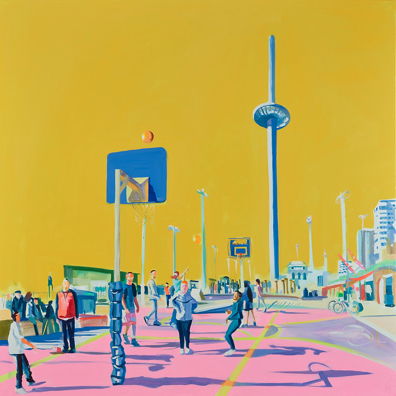 Pink and mustard print of the i360 in Brighton