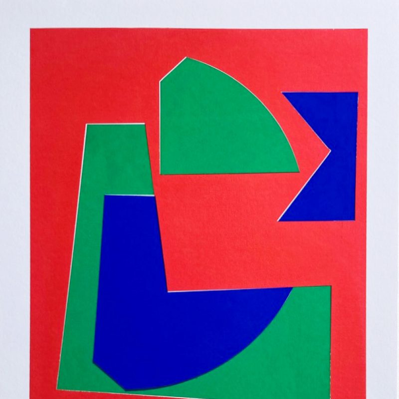 A series of blue and green geometric forms on a vibrant red background.