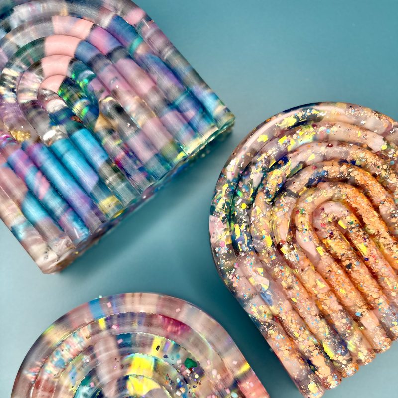 reclaimed epoxy and resin multicolour rainbow shaped jewellery