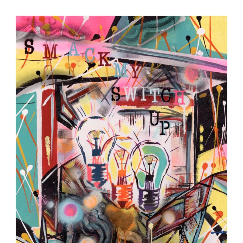 Spray paint and acrylics of three light bulbs on a colourful background and the words 
