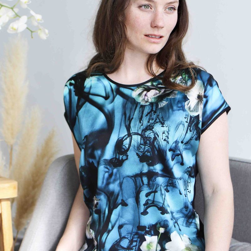 Silk top with abstract bright teal, terquoise colours