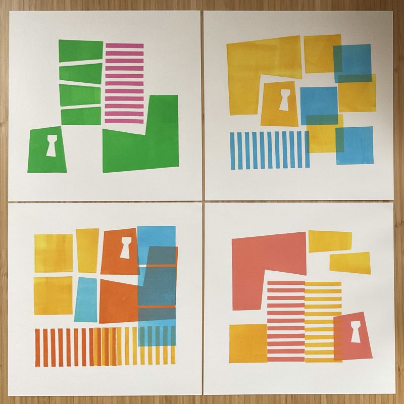 4 assorted simple abstract blocks print in multiple colours incorporating silhouette of a water tower