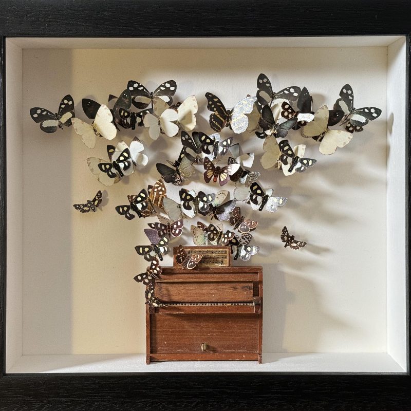 Box of Paper Butterflies flying from Piano