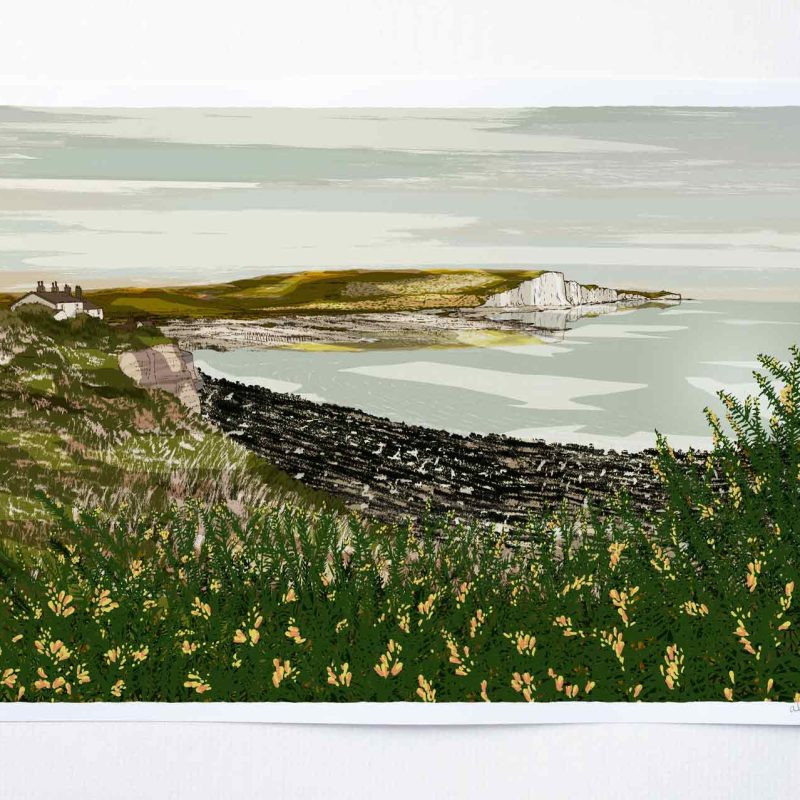 Print description: This artwork captures a cherished stroll along the enchanting Sussex Coast, presenting an iconic and grandiose vista where the pure white chalk cliffs meet the sea in a seamless fusion of human presence and natural beauty. This dynamic landscape undergoes constant transformation with the shifting seasons and the capriciousness of the weather, with the vibrant gorse in full bloom heralding the onset of early spring.  At the heart of my creative process lies the methodical crafting of ink drawings, meticulously brought to life through digital enhancement with color. Adhering to the principles of traditional printmaking, I prioritize the integrity of design before introducing hues, allowing ample room for creative exploration and experimentation, unrestricted by any signature color constraints.  In anticipation of my upcoming exhibition at The Grange in November 2024, I've immersed myself in the works of William Nicolson, drawing inspiration from his masterful techniques in color and composition. While my expertise may not match his, this study enriches my own artistic journey. Yet, my influences extend far and wide, spanning from the mesmerizing woodblock prints of Hokusai, with their captivating depictions of flora and fauna, to the ethereal landscapes illuminated by the radiant luminescence found in the works of Samuel Palmer.  During my wanderings, I often find myself drawing parallels between my surroundings and the creations of diverse artists. Whether it's remarking on the resemblance to a Ravilious painting or sensing the ambiance reminiscent of Julian Trevelyan's artistry, or even feeling the tranquil spirit evoked by Ivon Hitchens, viewing the world through the lens of art deepens my connection to the surroundings, transcending mere sensory perception.