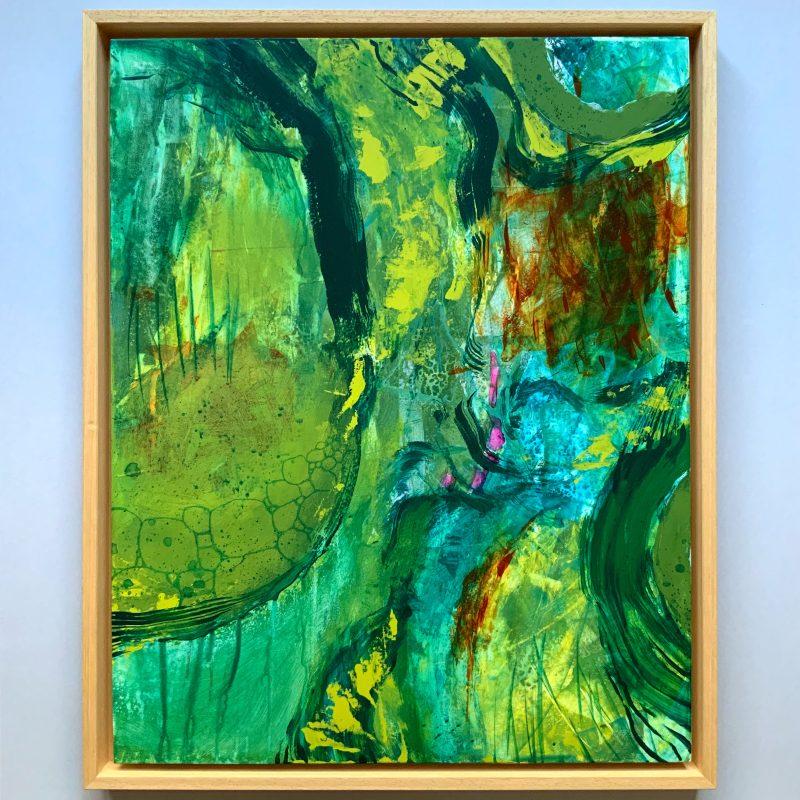 Woodland inspired green abstract painting with intriguing mark making and details. 