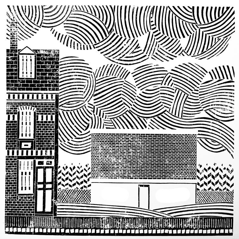 black and white lino cut print of a brick and concrete water tower next to a house on a French street