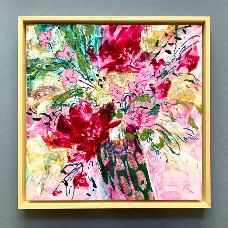 Vibrant, colourful, energetic floral painting in square format. Framed in natural wood.