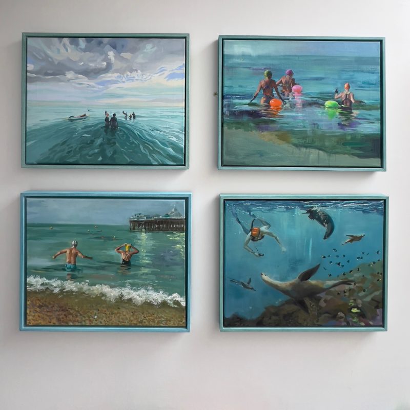 Four oil paintings depicting sea swimmers, 3 in Brighton 1 in Galapagos.