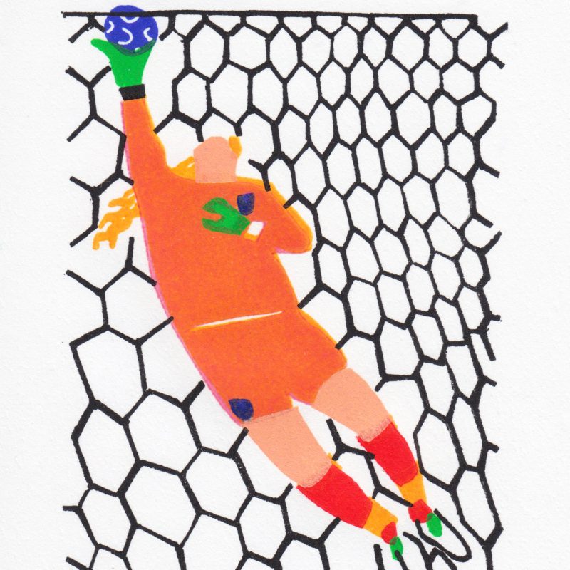 A graphic linocut print of Mary Earps saving a goal in a football match