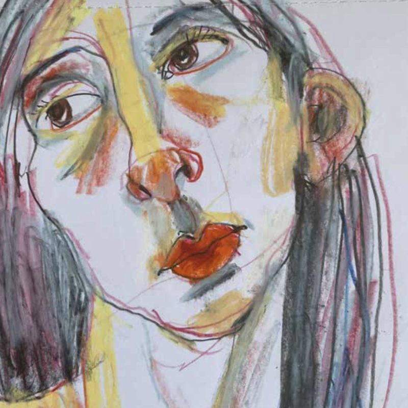 A drawing of a young woman face with high colouring to the lips nose cheeks and eyes. The drawing is energetic as if drawn at speed.