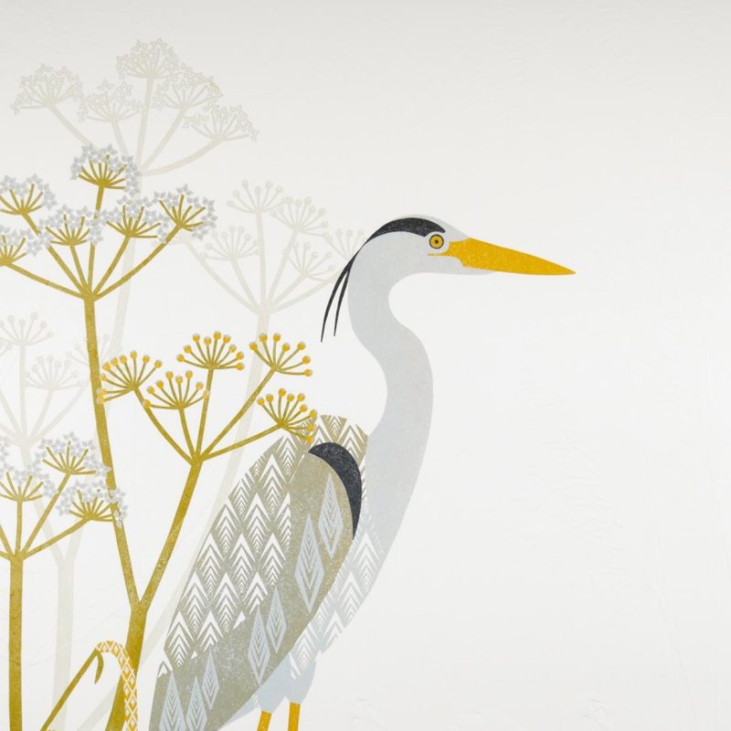 graphic lino print of a heron