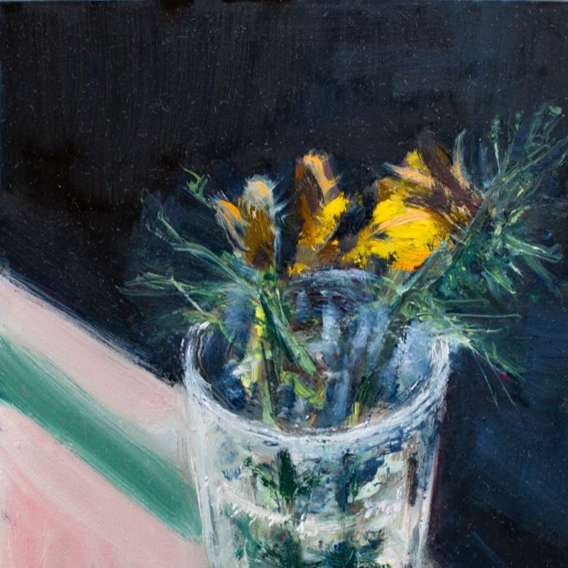 oil still life painting of a dandelion in a glass vase