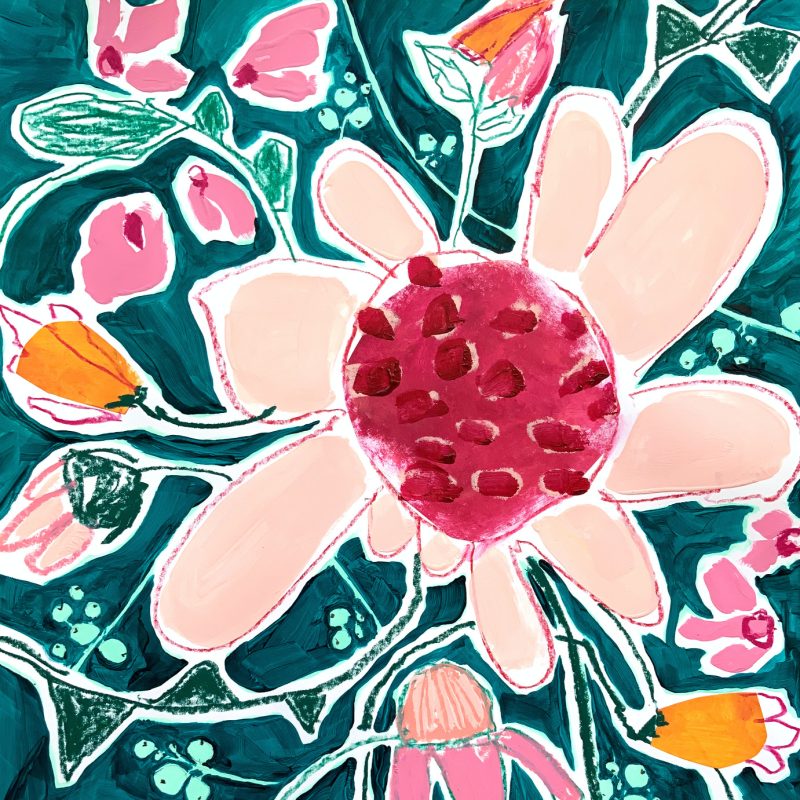 Playful, loose, colourful floral painting on paper in portrait format. 