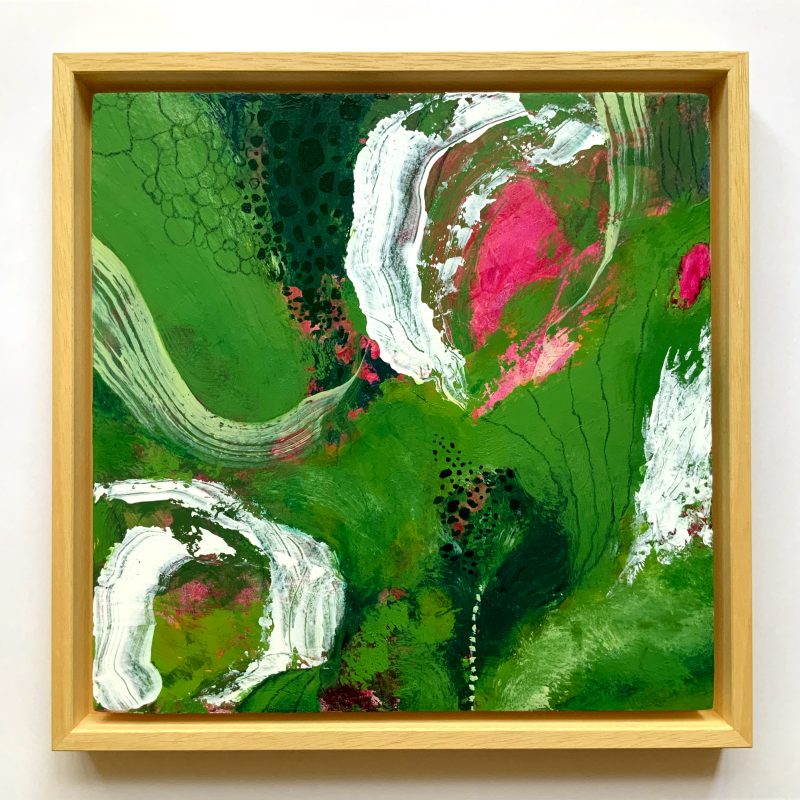Abstract painting in green, magenta and white with mark making and details which are reminiscent of woodlands and the wild.