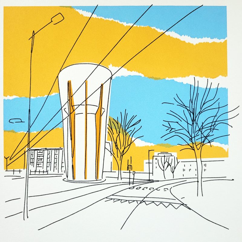 screen print of a line drawing of an urban landscape including a water tower in the foreground, printed over a stencilled skyline