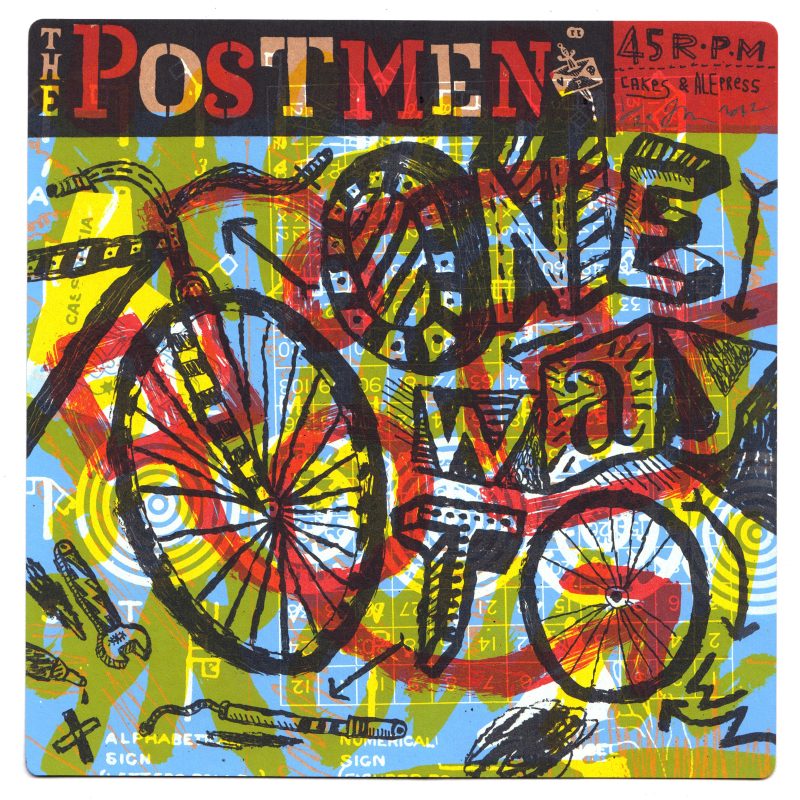 Screenprint of record sleeve featuring drawn objects including bicycle and tools.