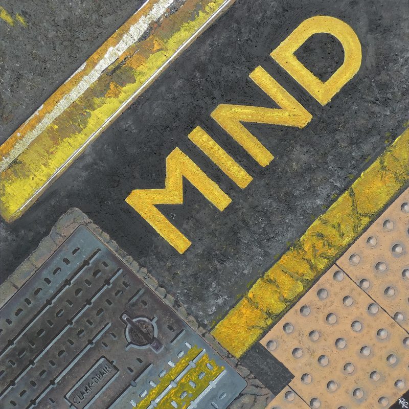 This painting is a close up geometric view of different coloured paving and lines on a train platform